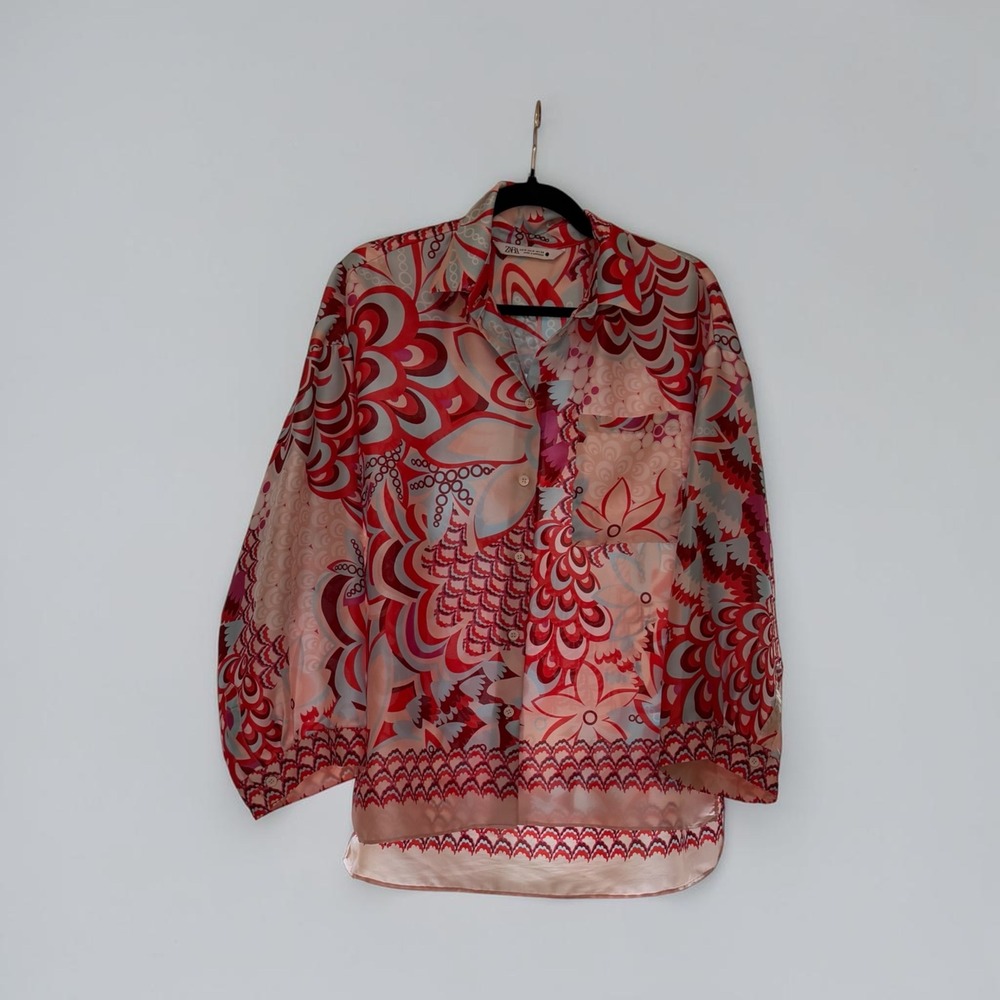 Zara Abstract Psychedelic Print Satin Button Down Blouse Top